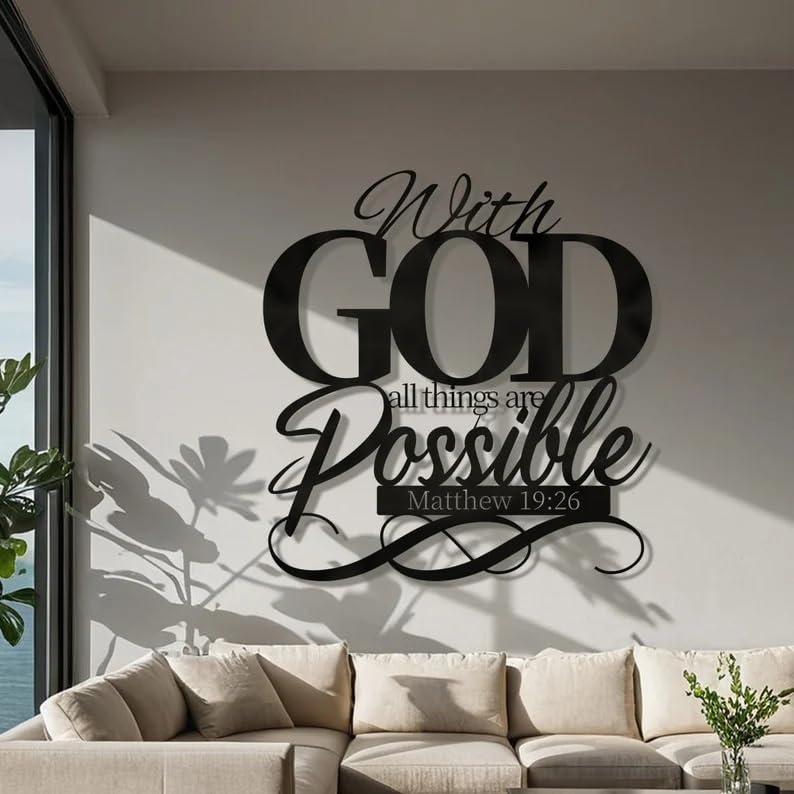 BLIND SHOP Bible Verse Metal Matthew 19:26 Wall Decor Christian Home Decor Wall Decor (47x45x1.5 CM)