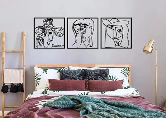 Picasso Faces Metal Wall Art Set of 3, Abstract Woman Figure Wall Art, Minimalist Line Art Wall Decor,Modern Living Room Art,Gallery Artwork - My Store