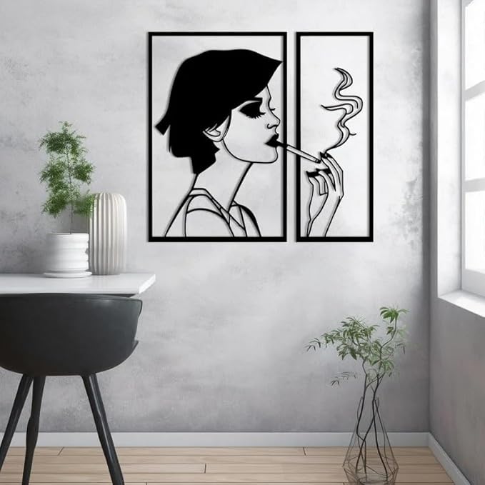 Feminine Figure Artwork For Wall, Elegant,Minimalist Portrait of a Woman with Cigarette in Hand, Modern and Ladylike Art, Wall Art Framed - My Store