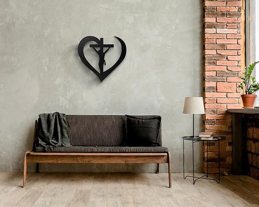 Jesus in Abstract Heart - Modern Christian Wall Art | Metal Wall Decor for Home & Living Room | Matte Black 45cm (18 inches) - Premium Religious Wall Hanging