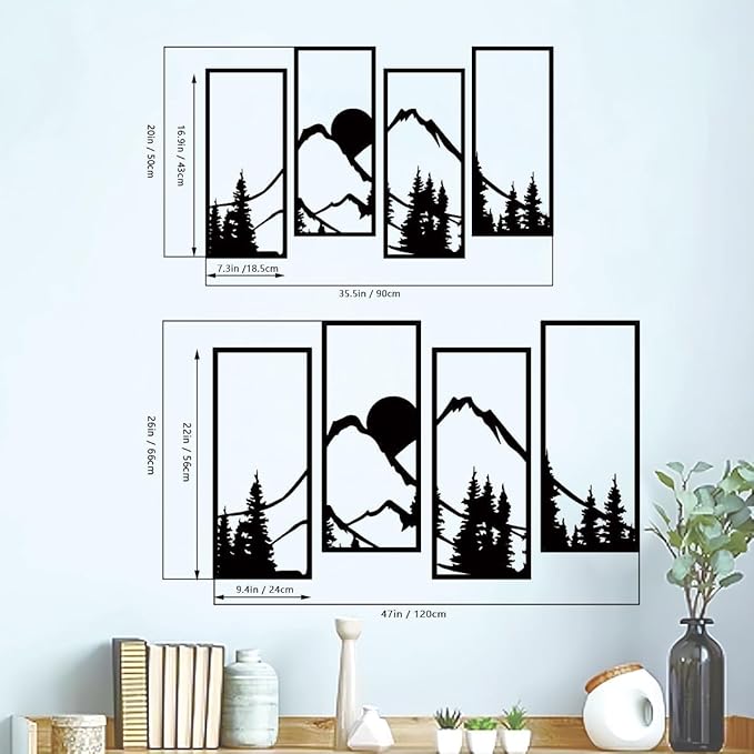 Metal Sunset Mountain Forest Wall Decor Set of 4, Abstract Minimalist Line Drawing Large Mountains Wall Art Home Decor for Living Room Bathroom Bedroom Office(Black Style) - My Store