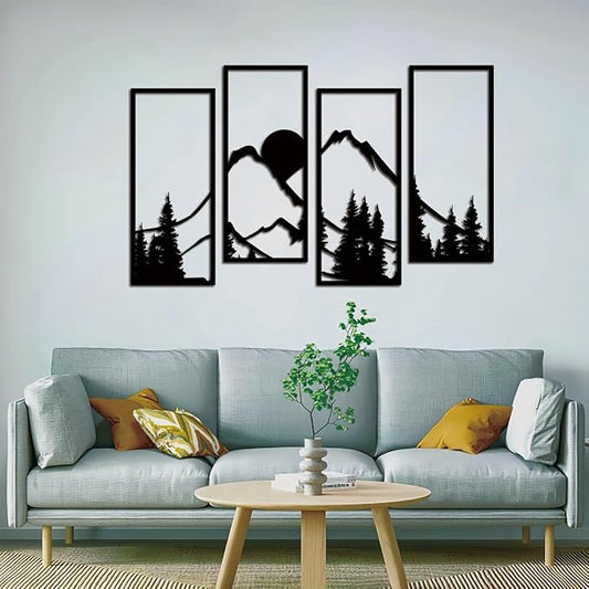 Metal Sunset Mountain Forest Wall Decor Set of 4, Abstract Minimalist Line Drawing Large Mountains Wall Art Home Decor for Living Room Bathroom Bedroom Office(Black Style) - My Store