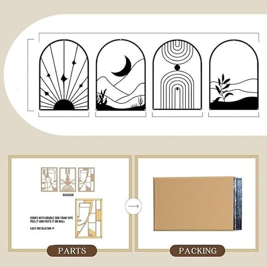 BLIND SHOP 4 Pack Boho Abstract Metal (30 x 20 cm) Wall Decor | Minimalist Decor Bohemian Line Art | Wall Hanging | 3D Textured Sculptures for Living Room