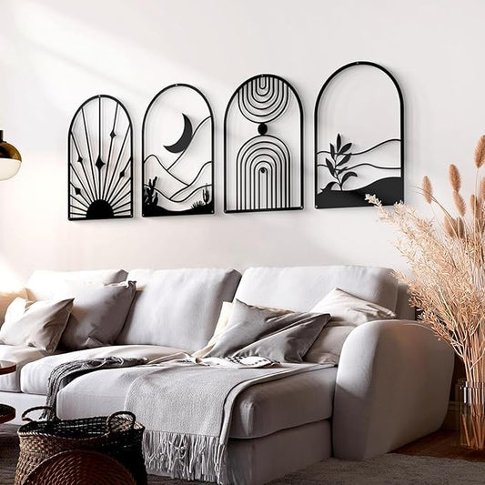 4 Pack Boho Abstract METAL (30x20 cm) Wall Art | Minimalist Decor Bohemian Line Art | Geometric Line Sun Moon Arch Leaf, 3D Textured Sculptures, for Living Room, yoga - My Store