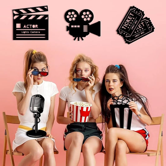  5 Pieces Media Room Decor - Wooden Movie Reel Home Theater Decor, Cinema Wall Art, Movie Reel Theater Action, Popcorn Ticket Sign, Movie Night Decor, - My Store