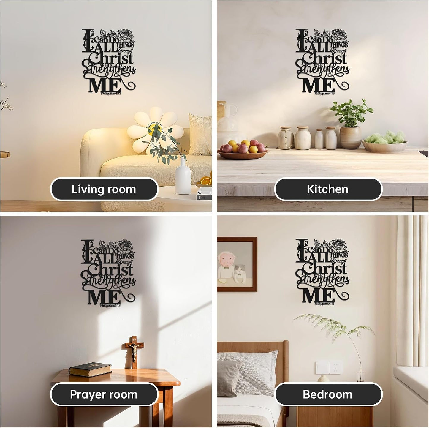 Philippians 4:13 "I can do all things through Christ who strengthens me" Scripture Metal Wall Decor- Christian Inspirational Art with Rose Accent, Black Indoor Outdoor Decor for Home E-49