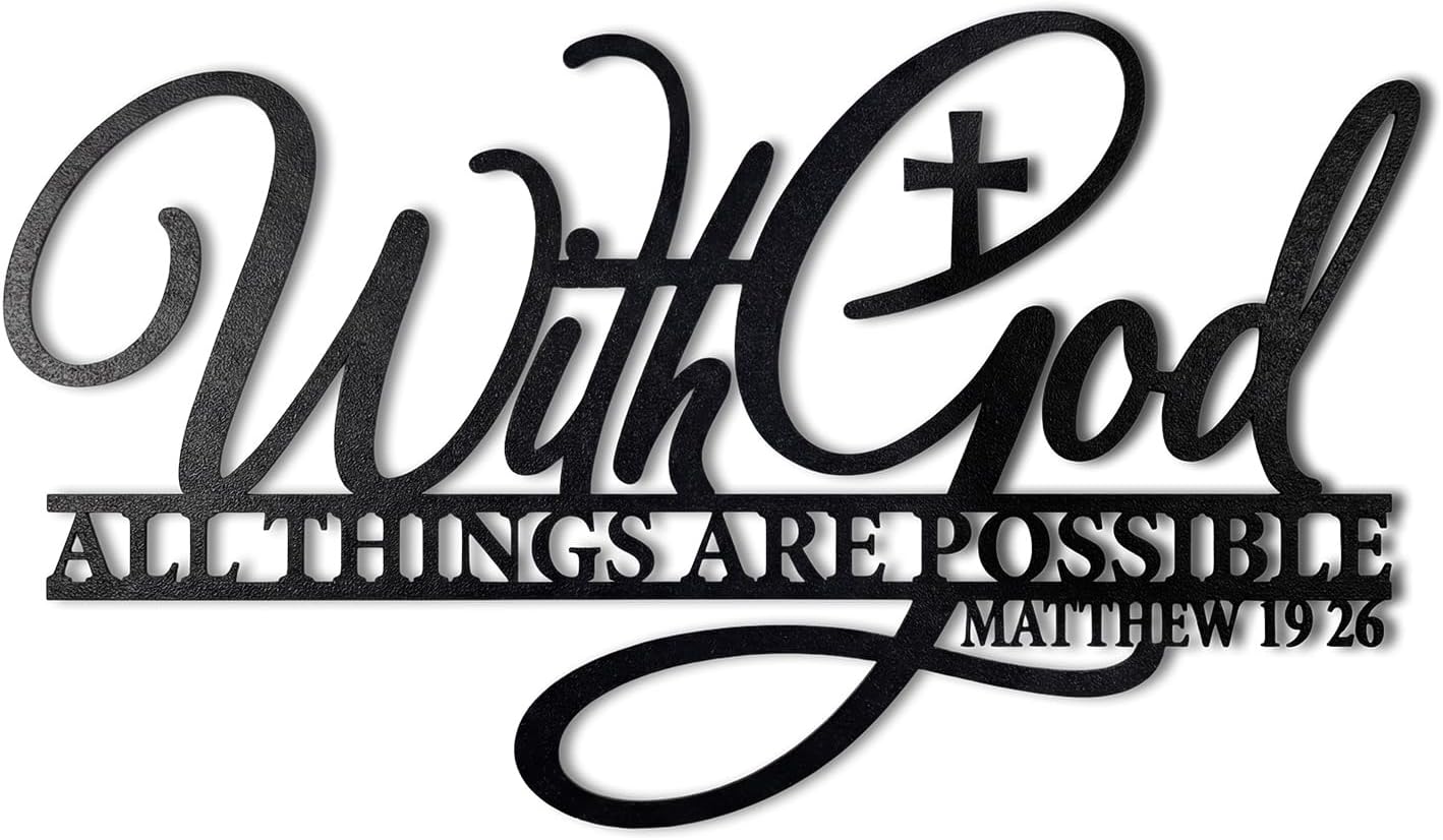 With God All Things Are Possible Metal Wall Decor-Scripture Wall Art with Bible Verses,14.6x8.3in Black Christian Inspirational Word Hanging Decor for Living Room Home Office Church E-55