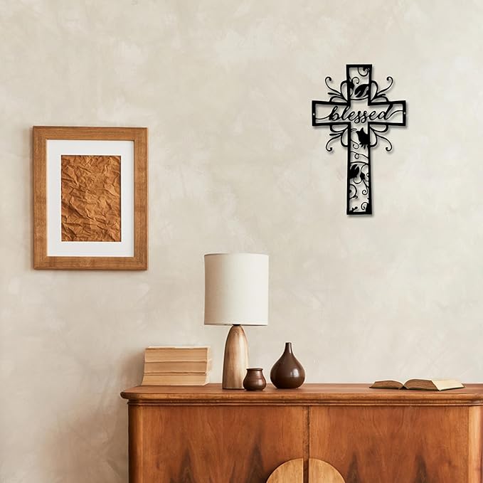 Christian Wall Crosses for Home Decor-Premium Metal Cross Wall Decor,Elegant Spiritual Cross for Wall with Timeless Design-Blessed E-62