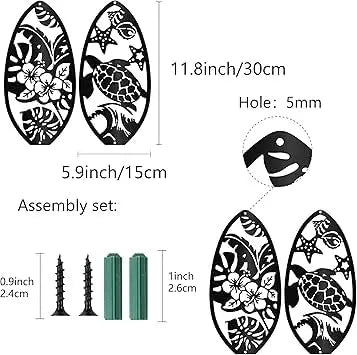 Metal Surfboard Wall Decoration Iron Hibiscus Turtle Wall Decoration Hanging Silhouette Black Tropical Summer Panel for Studio Yoga,Indoor,Outdoor,Home,Office 30 x 10 cm - My Store