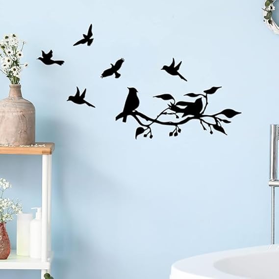 BLIND SHOP 2 Pieces Birds on Branch Metal Wall Art Decor Bird Silhouette Wall Sculpture Black Leaves with Birds Metal Ornament Wall Hanging Sign for Home Garden Office Living Room Decor