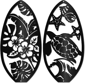 Metal Surfboard Wall Decoration Iron Hibiscus Turtle Wall Decoration Hanging Silhouette Black Tropical Summer Panel for Studio Yoga,Indoor,Outdoor,Home,Office 30 x 10 cm - My Store