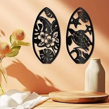Metal Surfboard Wall Decoration Iron Hibiscus Turtle Wall Decoration Hanging Silhouette Black Tropical Summer Panel for Studio Yoga,Indoor,Outdoor,Home,Office 30 x 10 cm - My Store