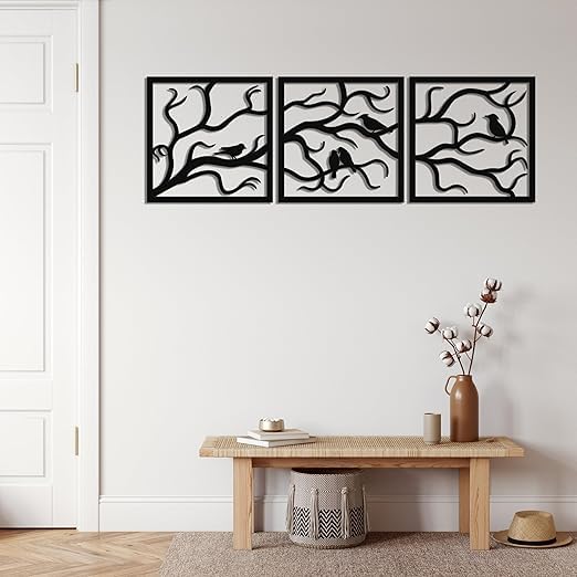 BLIND SHOP Metal Wall Art, Birds on Branch 3 Pieces, Metal Tree Wall Art, Tree Sign, Metal Wall Decor, Interior and Outdoor Decoration, 3 Panels Wall Hangings