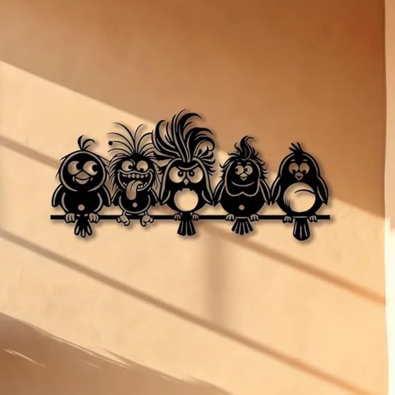BLIND SHOP Funny Cartoon Birds Metal Wall Art, Unique Bird Wall Decor, Whimsical Home Decor, Laser Cut Metal Art, Funny Animal Wall Hanging (58x27x1.5 CM)