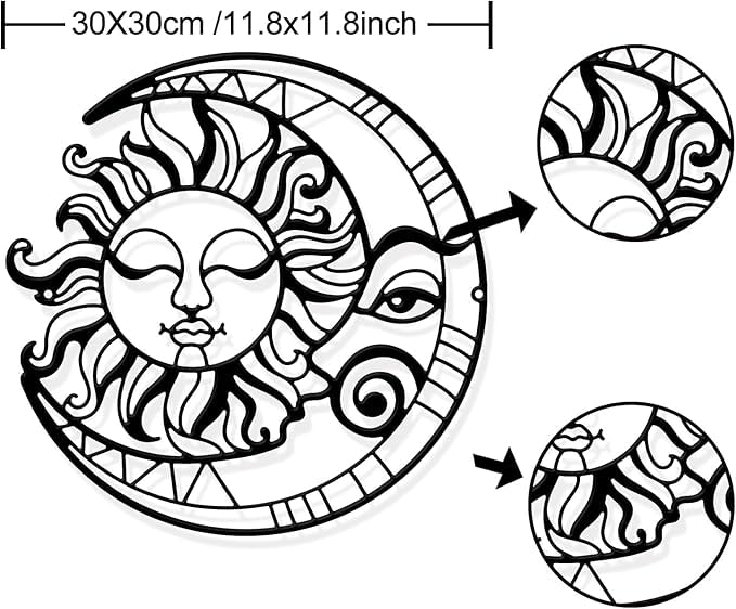 Metal Sun and Moon Wall Art, Black Metal Wall Sculpture Decor for Living Room Sun and Moon Wall Hanging for Indoor Outdoor - My Store
