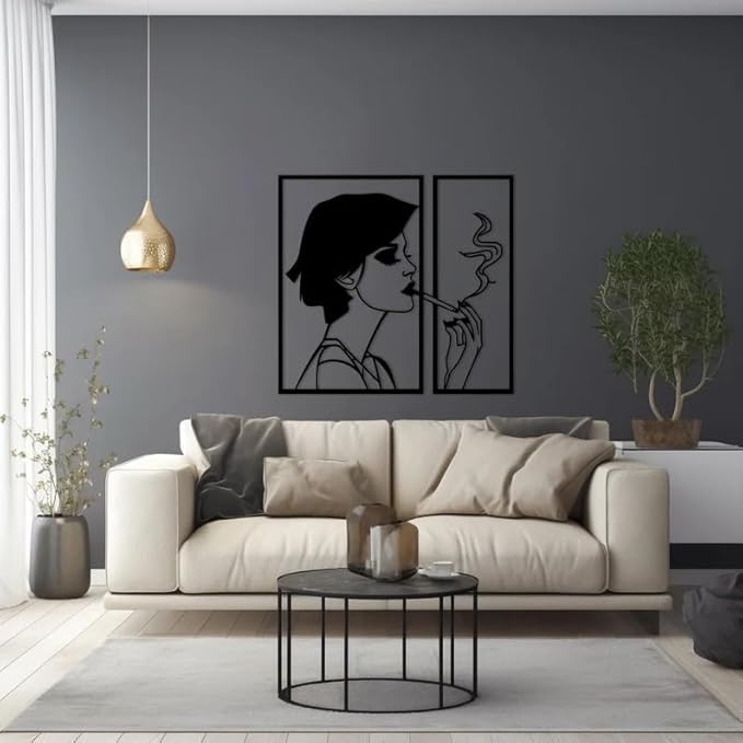 Feminine Figure Artwork For Wall, Elegant,Minimalist Portrait of a Woman with Cigarette in Hand, Modern and Ladylike Art, Wall Art Framed - My Store