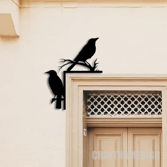 BLIND SHOP Crow On Branch Door Corner Metal Wall Art, Black Raven On Branch Door Topper, Black Crow Door Hanging, Raven Bedroom Door Decoration (33x30x1.5 CM)