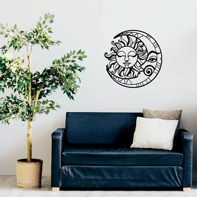 Metal Sun and Moon Wall Art, Black Metal Wall Sculpture Decor for Living Room Sun and Moon Wall Hanging for Indoor Outdoor - My Store