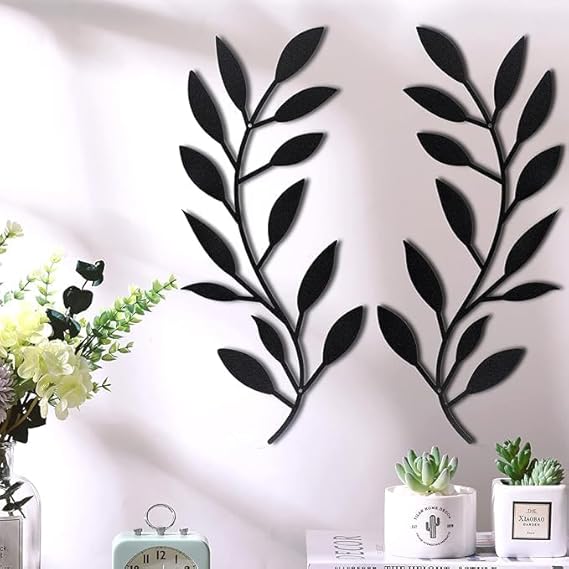 BLIND SHOP 2 Pieces Metal Tree Leaf Wall Decor Vine Olive Branch Leaf Wall Art Wrought Iron Scroll Above The Bed, Living Room, Outdoor Decoration (Black) (37X18X1.5 CM)