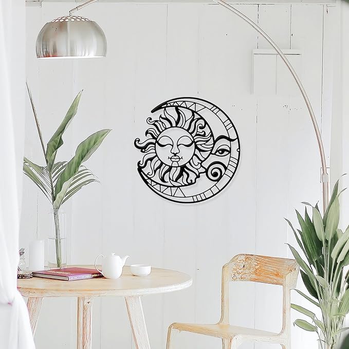 Metal Sun and Moon Wall Art, Black Metal Wall Sculpture Decor for Living Room Sun and Moon Wall Hanging for Indoor Outdoor - My Store