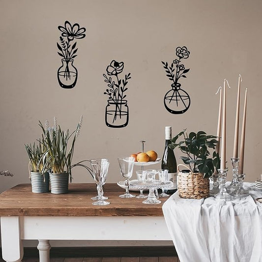 3 Pieces Black Metal Flowers Wall Decor Metal Vase Wall Art Metal Wall Sculptures Hanging for Indoor Kitchen Bathroom Bedroom living room,14.56x5.9 inches - My Store