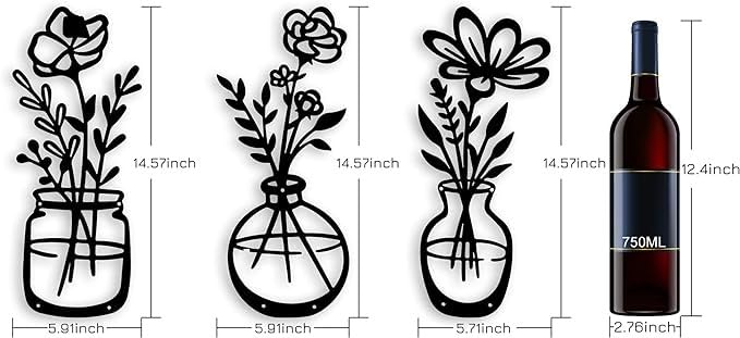 3 Pieces Black Metal Flowers Wall Decor Metal Vase Wall Art Metal Wall Sculptures Hanging for Indoor Kitchen Bathroom Bedroom living room,14.56x5.9 inches - My Store