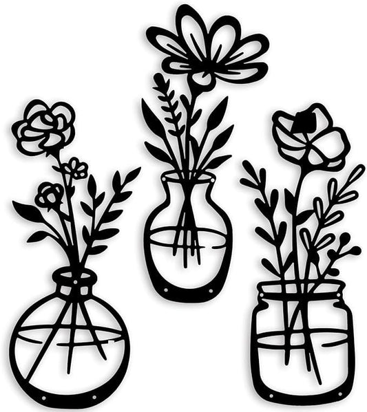 3 Pieces Black Metal Flowers Wall Decor Metal Vase Wall Art Metal Wall Sculptures Hanging for Indoor Kitchen Bathroom Bedroom living room,14.56x5.9 inches - My Store