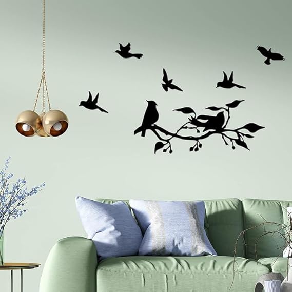 BLIND SHOP 2 Pieces Birds on Branch Metal Wall Art Decor Bird Silhouette Wall Sculpture Black Leaves with Birds Metal Ornament Wall Hanging Sign for Home Garden Office Living Room Decor