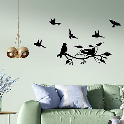 BLIND SHOP 2 Pieces Birds on Branch Metal Wall Art Decor Bird Silhouette Wall Sculpture Black Leaves with Birds Metal Ornament Wall Hanging Sign for Home Garden Office Living Room Decor