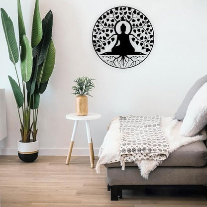 Buddha Round Wall Art, Black Powder Coated Wall Art, Iron Laser Cut Frame Wall Decoration Cutout, Hanging - Home, Bedroom, Living Area, Office, Cafe Décor - My Store