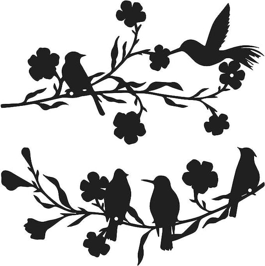 2 Pieces Metal Birds Wall Art Decor on Branch Metal Birds Silhouette Wall Sculpture Black Leaves Flowers and Metal Art Wall Decor for Home Garden Balcony Indoor Outdoor Decor-Flower - My Store