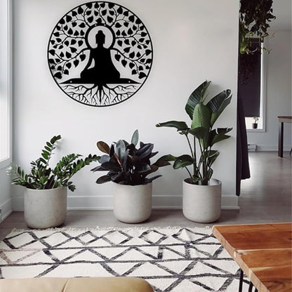 Buddha Round Wall Art, Black Powder Coated Wall Art, Iron Laser Cut Frame Wall Decoration Cutout, Hanging - Home, Bedroom, Living Area, Office, Cafe Décor - My Store
