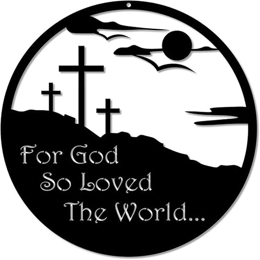 BLIND SHOP For God So Loved The World Metal Wall Sign - Inspirational John Bible Verse Wall Art, Christian Faith Cross Decor, Religious Metal Hanging Accent, Christianity Home Decoration