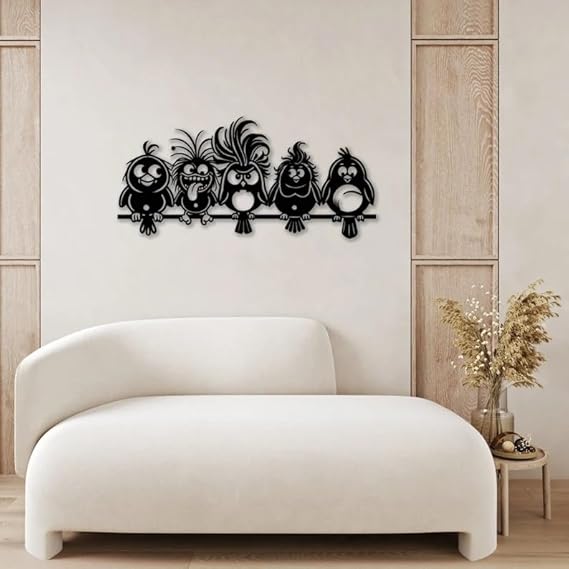 BLIND SHOP Funny Cartoon Birds Metal Wall Art, Unique Bird Wall Decor, Whimsical Home Decor, Laser Cut Metal Art, Funny Animal Wall Hanging (58x27x1.5 CM)