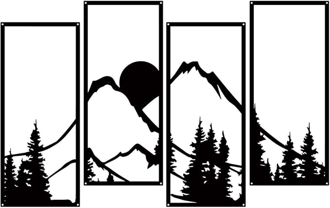 Metal Sunset Mountain Forest Wall Decor Set of 4, Abstract Minimalist Line Drawing Large Mountains Wall Art Home Decor for Living Room Bathroom Bedroom Office(Black Style) - My Store