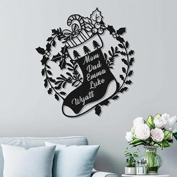BLIND SHOP Personalized Christmas Stocking with Names Metal Wall Art | Custom Christmas Stockings Sign | Metal Christmas Wall Décor | Unique Holiday Decoration for Home, Living Room, or Fireplace