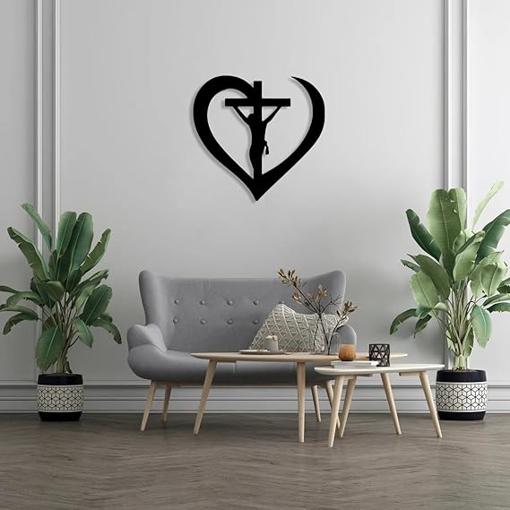 trademubarak Jesus in Abstract Heart - Modern Christian Wall A Jesus in Cross Christian Wall Décor - Jesus Wall Art, Christian Metal Wall Art (45 cm 18 inches 1.5 feet, Matte Black)