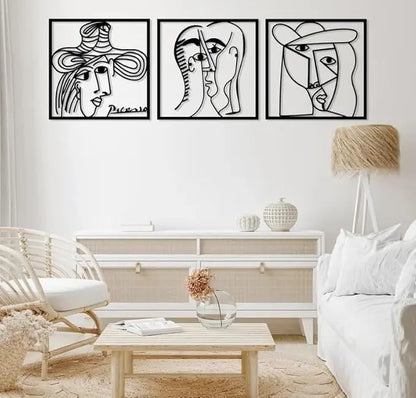 Picasso Faces Metal Wall Art Set of 3, Abstract Woman Figure Wall Art, Minimalist Line Art Wall Decor,Modern Living Room Art,Gallery Artwork - My Store