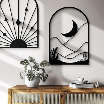 4 Pack Boho Abstract METAL (30x20 cm) Wall Art | Minimalist Decor Bohemian Line Art | Geometric Line Sun Moon Arch Leaf, 3D Textured Sculptures, for Living Room, yoga - My Store