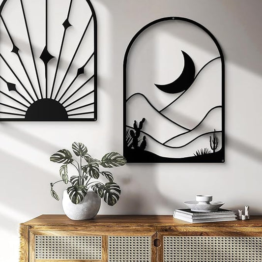 4 Pack Boho Abstract METAL (30x20 cm) Wall Art | Minimalist Decor Bohemian Line Art | Geometric Line Sun Moon Arch Leaf, 3D Textured Sculptures, for Living Room, yoga - My Store