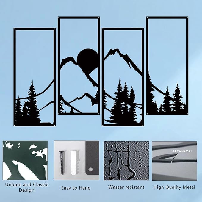 Metal Sunset Mountain Forest Wall Decor Set of 4, Abstract Minimalist Line Drawing Large Mountains Wall Art Home Decor for Living Room Bathroom Bedroom Office(Black Style) - My Store