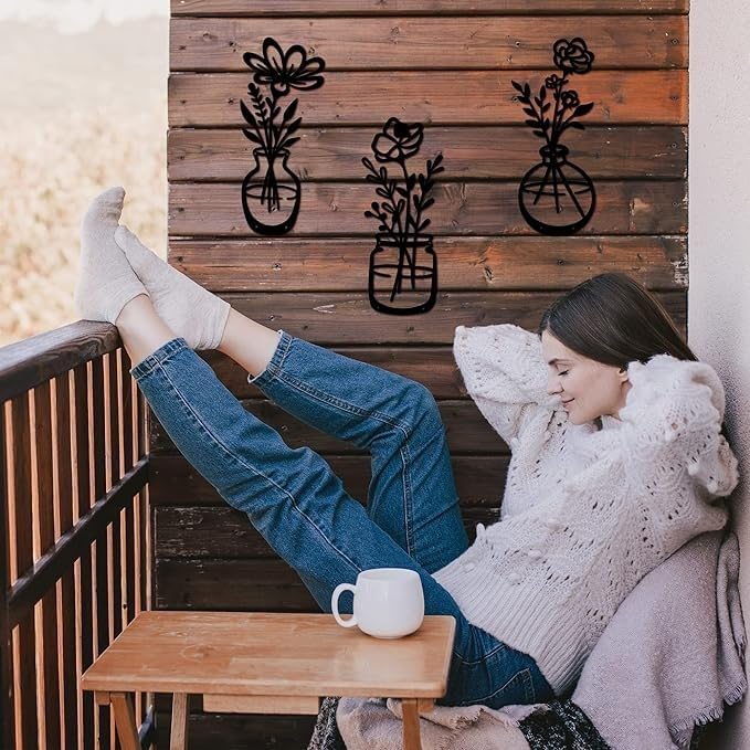 3 Pieces Black Metal Flowers Wall Decor Metal Vase Wall Art Metal Wall Sculptures Hanging for Indoor Kitchen Bathroom Bedroom living room,14.56x5.9 inches - My Store