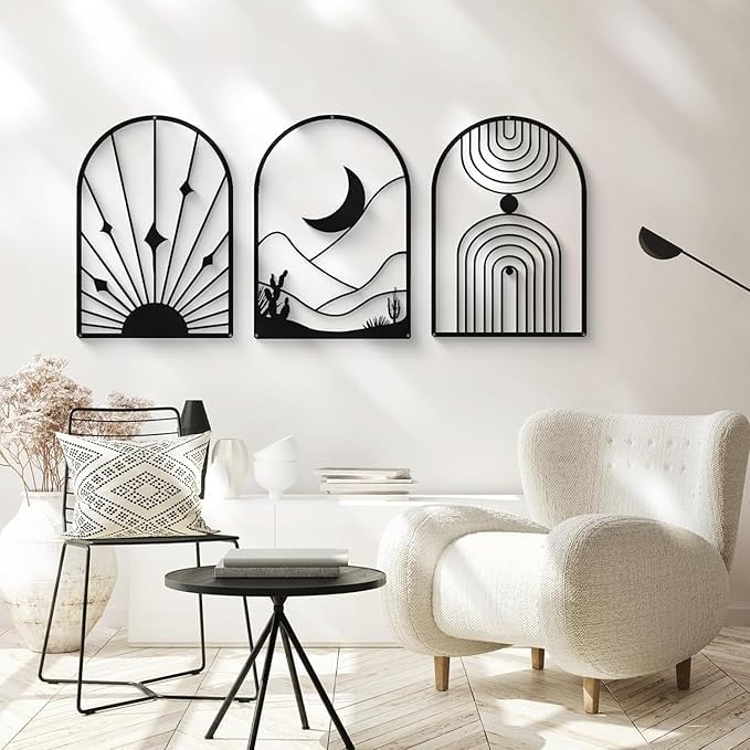 4 Pack Boho Abstract METAL (30x20 cm) Wall Art | Minimalist Decor Bohemian Line Art | Geometric Line Sun Moon Arch Leaf, 3D Textured Sculptures, for Living Room, yoga - My Store