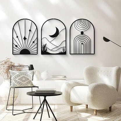 4 Pack Boho Abstract METAL (30x20 cm) Wall Art | Minimalist Decor Bohemian Line Art | Geometric Line Sun Moon Arch Leaf, 3D Textured Sculptures, for Living Room, yoga - My Store