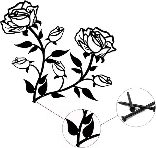 Rose Flower Wall Decor,15“H Black Metal Art Ornament Wall Hanging for Indoor Outdoor Home Bedroom Office (2 Pieces) - My Store