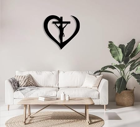 BLIND SHOP Crucifixion of Jesus in Abstract Heart - Modern Christian Wall A Jesus in Cross Christian Wall Décor, Christian Metal Wall Art for Living Room, Bedroom, Church, or Office (42x40x1.5 CM)