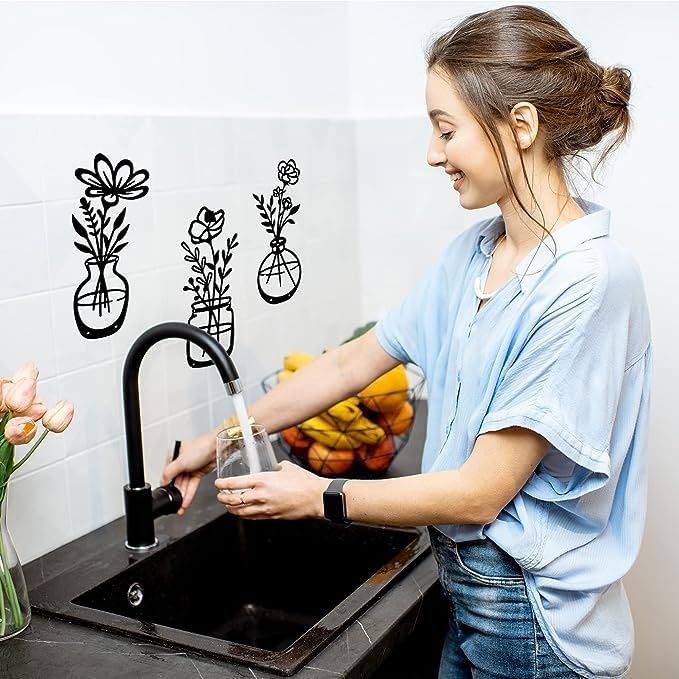 3 Pieces Black Metal Flowers Wall Decor Metal Vase Wall Art Metal Wall Sculptures Hanging for Indoor Kitchen Bathroom Bedroom living room,14.56x5.9 inches - My Store