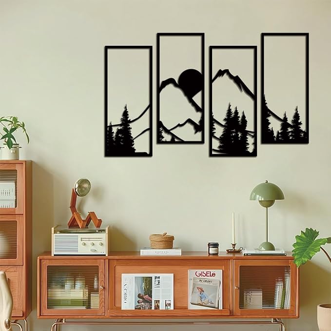 Metal Sunset Mountain Forest Wall Decor Set of 4, Abstract Minimalist Line Drawing Large Mountains Wall Art Home Decor for Living Room Bathroom Bedroom Office(Black Style) - My Store