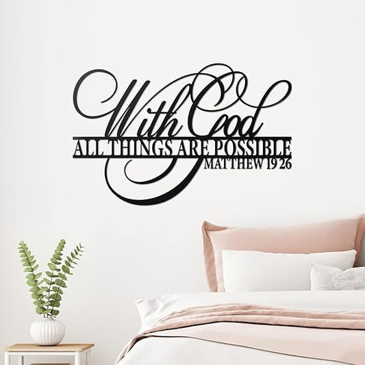 BLIND SHOP With God All Things Are Possible Sign - Metal Wall Decor, Christian Bible Verse Inspirational Scripture Wall Art, Religious Black Bible Verses, Faith-Based Home Decoration (40x26x1.5 CM)