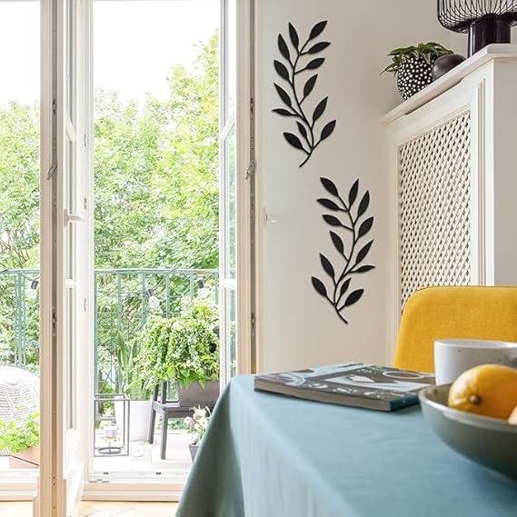 BLIND SHOP 2 Pieces Metal Tree Leaf Wall Decor Vine Olive Branch Leaf Wall Art Wrought Iron Scroll Above The Bed, Living Room, Outdoor Decoration (Black) (37X18X1.5 CM)